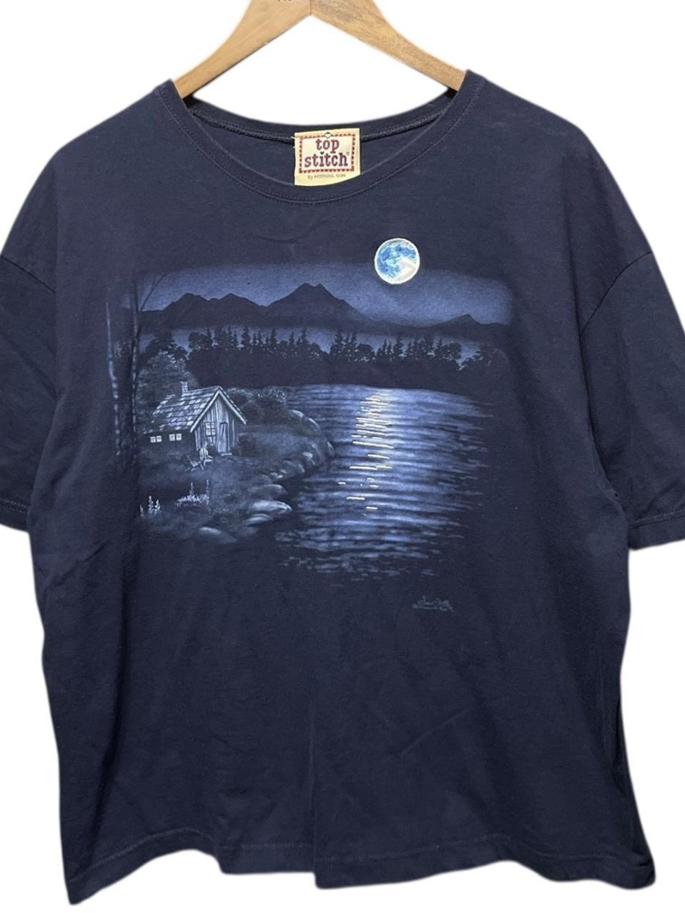 Vintage 90s nature cabin graphic moon and moonlight on lake with mountain shirt